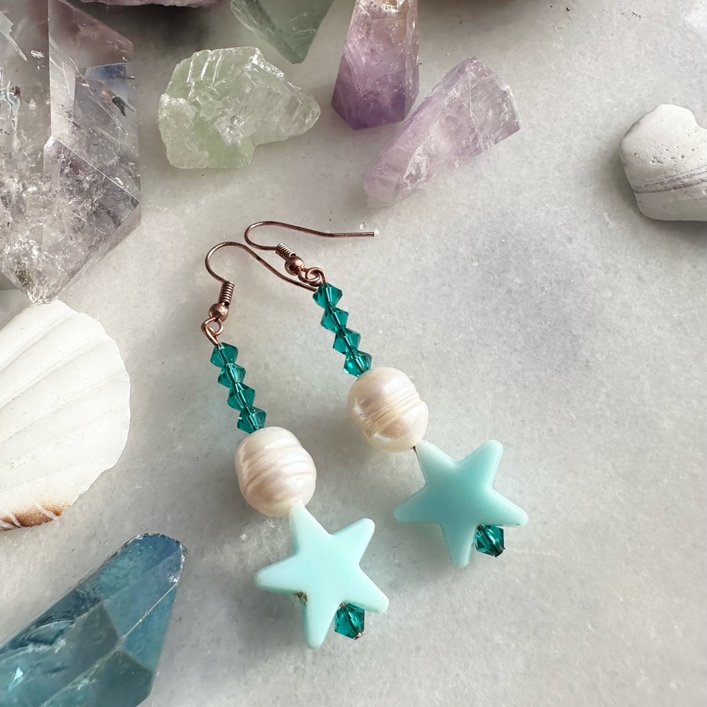 Star + Pearl Blue Beaded Dangle Earrings Copper Hardware